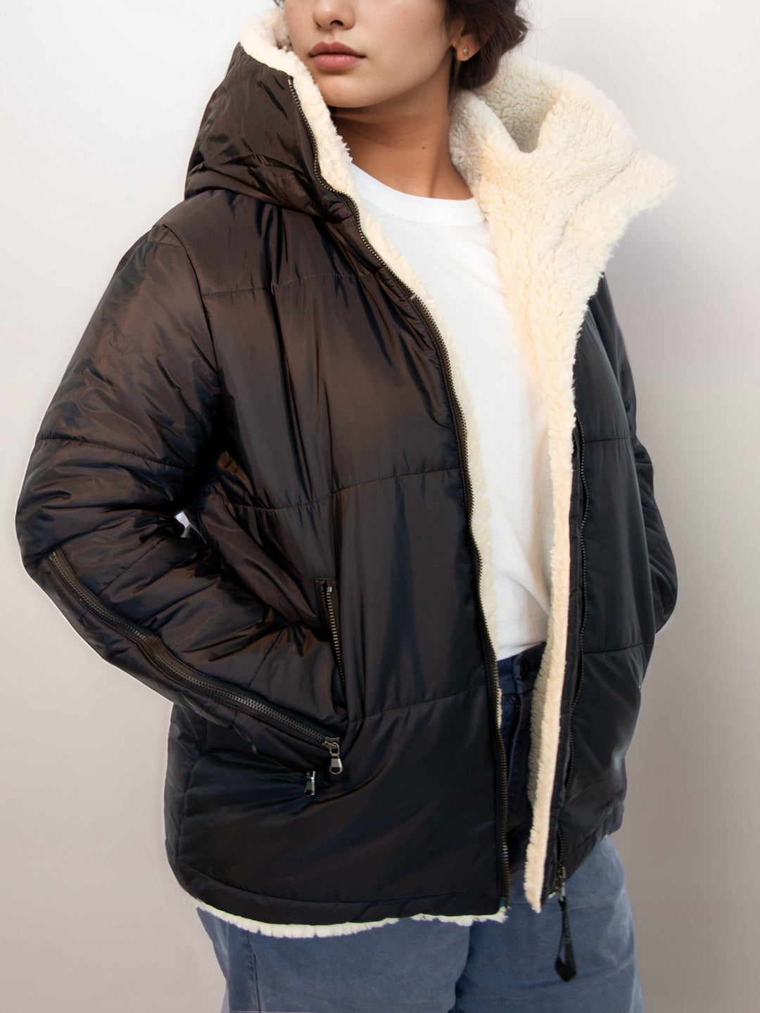 Vegan Puffer Coat Closed Vegan Women's Recycled Vegan Shearling